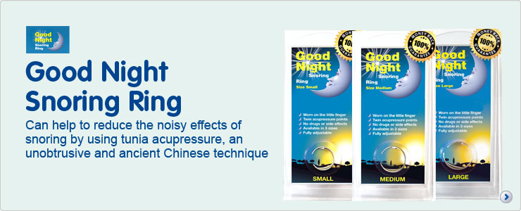 Good Night Snoring Ring uses tunia acupressure, an unobtrusive and ancient Chinese technique to help significantly reduce the noisy effects of snoring